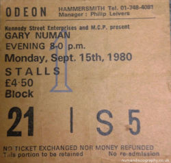 Gary Numan London Ticket 1980